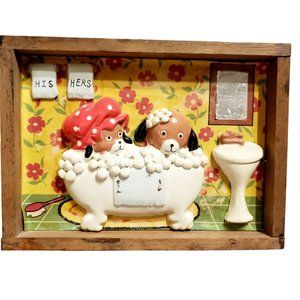 Vintage 3D Animal Bathtub Bubble Bath Scene Framed in Wooden Box Wall Art